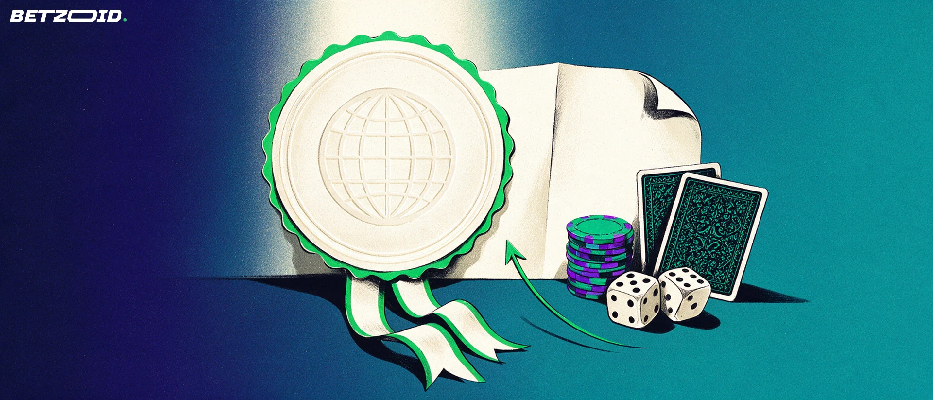 Ilustración de un gran sello de certificación con cinta y un globo grabado junto a fichas, cartas y dados de casino.