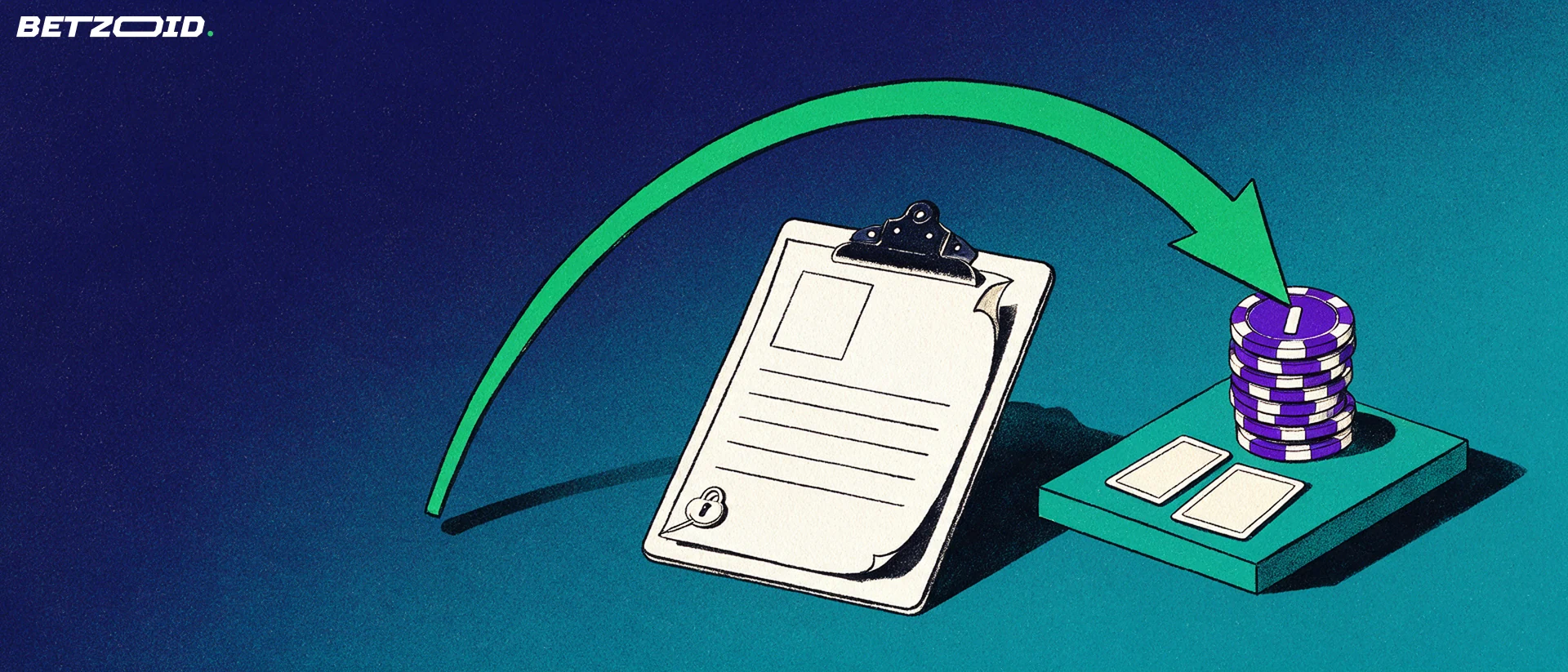 Ilustración de una flecha verde que salta por encima de un formulario de registro en blanco y aterriza sobre fichas y cartas de casino.