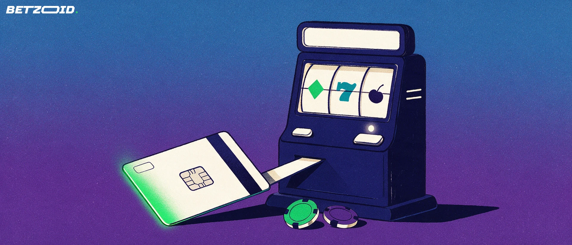 Ilustración de una tarjeta bancaria que entra como una llave en una máquina tragamonedas con símbolos sencillos en los rodillos.