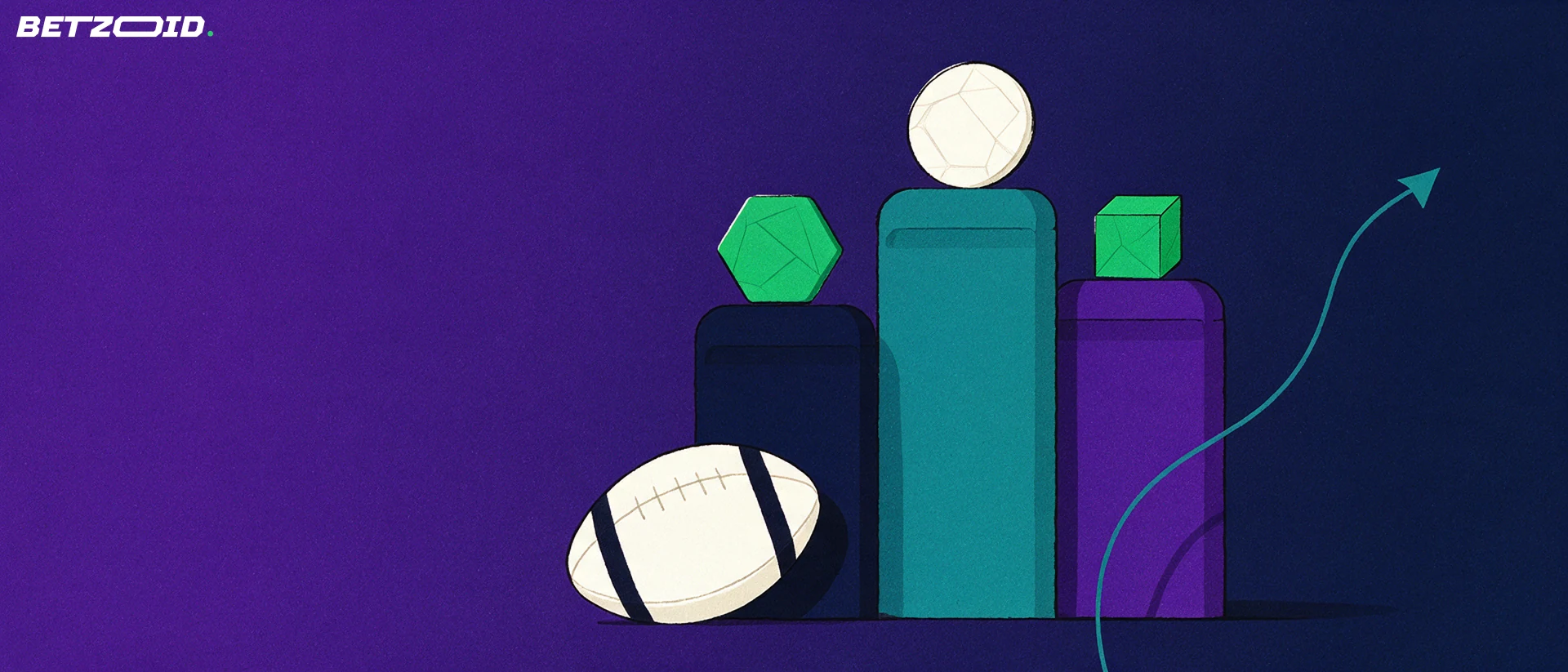 Illustratie van drie kolommen in ranglijstvorm met bovenop verschillende cryptomunten en een voetbal ervoor.