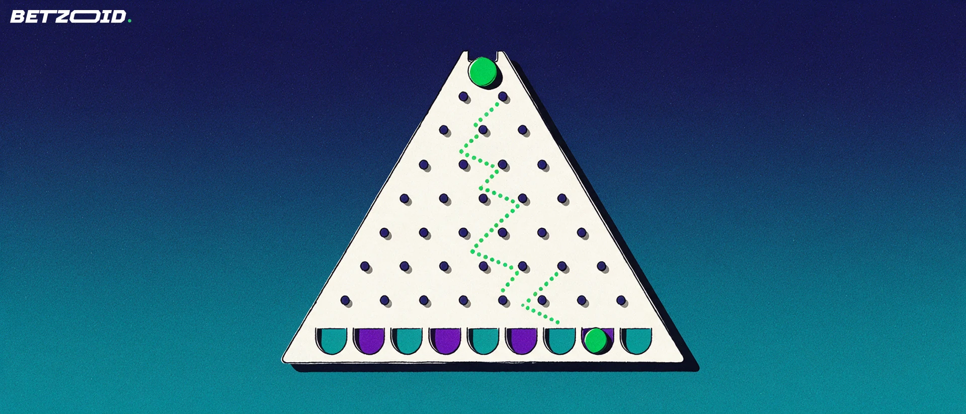 Illustratie van een Plinko-bord met pegs, een vallende bal en gekleurde opvangvakjes onderaan.