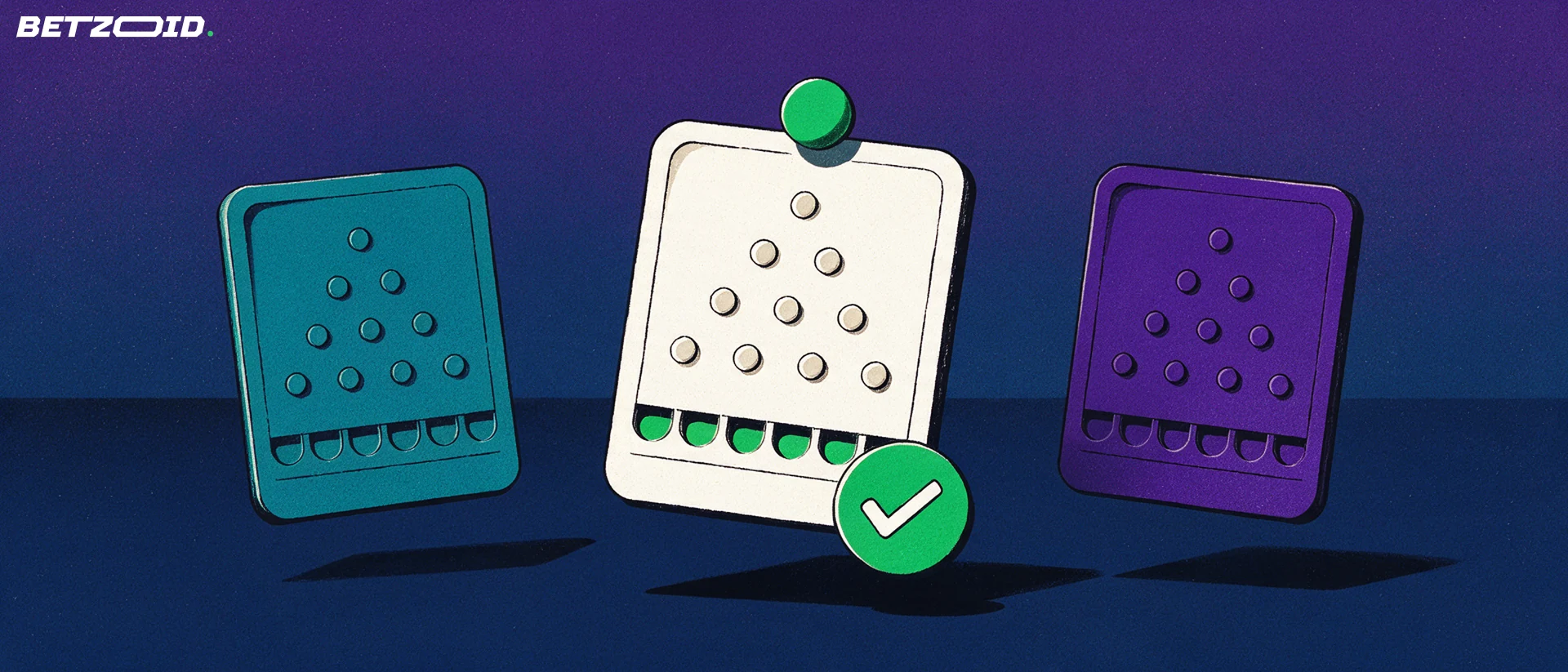 Illustratie van drie kaarten met Plinko-borden naast elkaar, waarvan de middelste met een vinkje is uitgelicht.