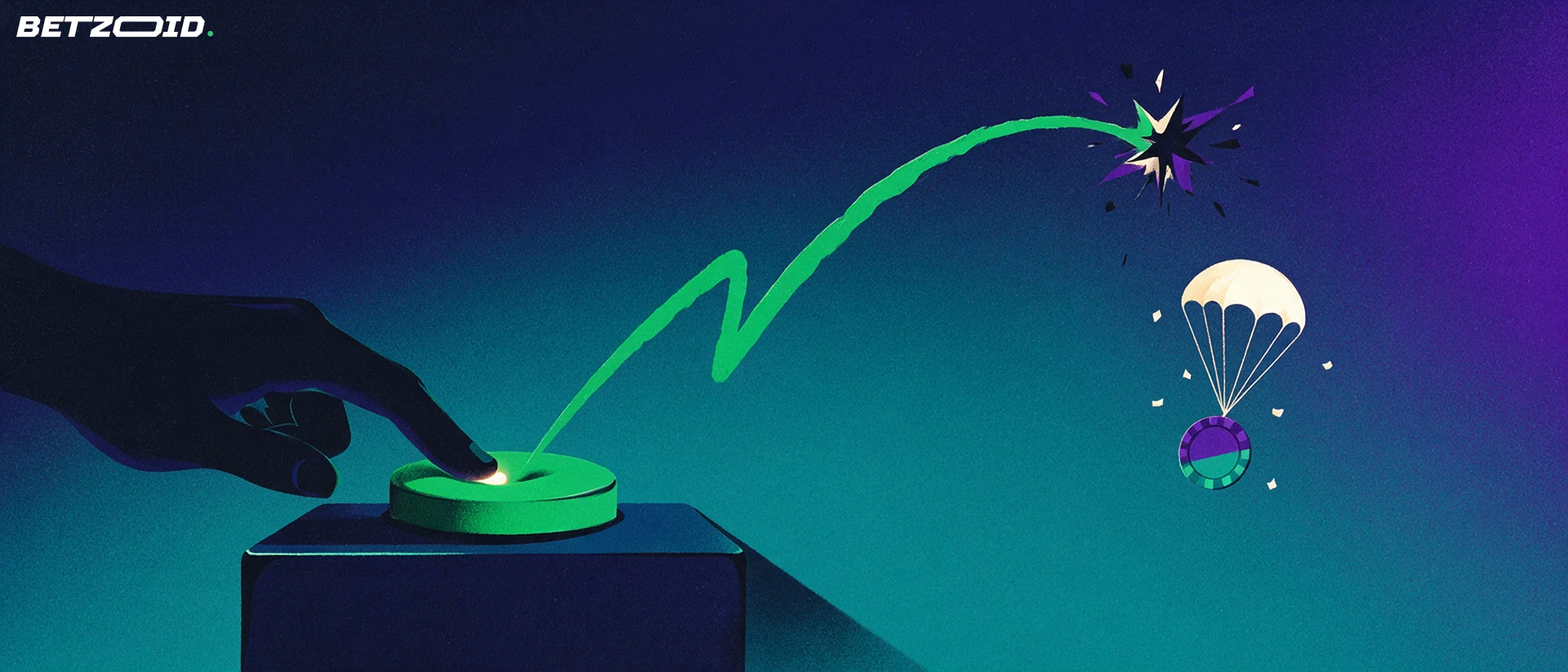 Illustratie van een grote knop met een stijgende groene curve die afbreekt, terwijl een fiche aan een parachute veilig wegzweeft.
