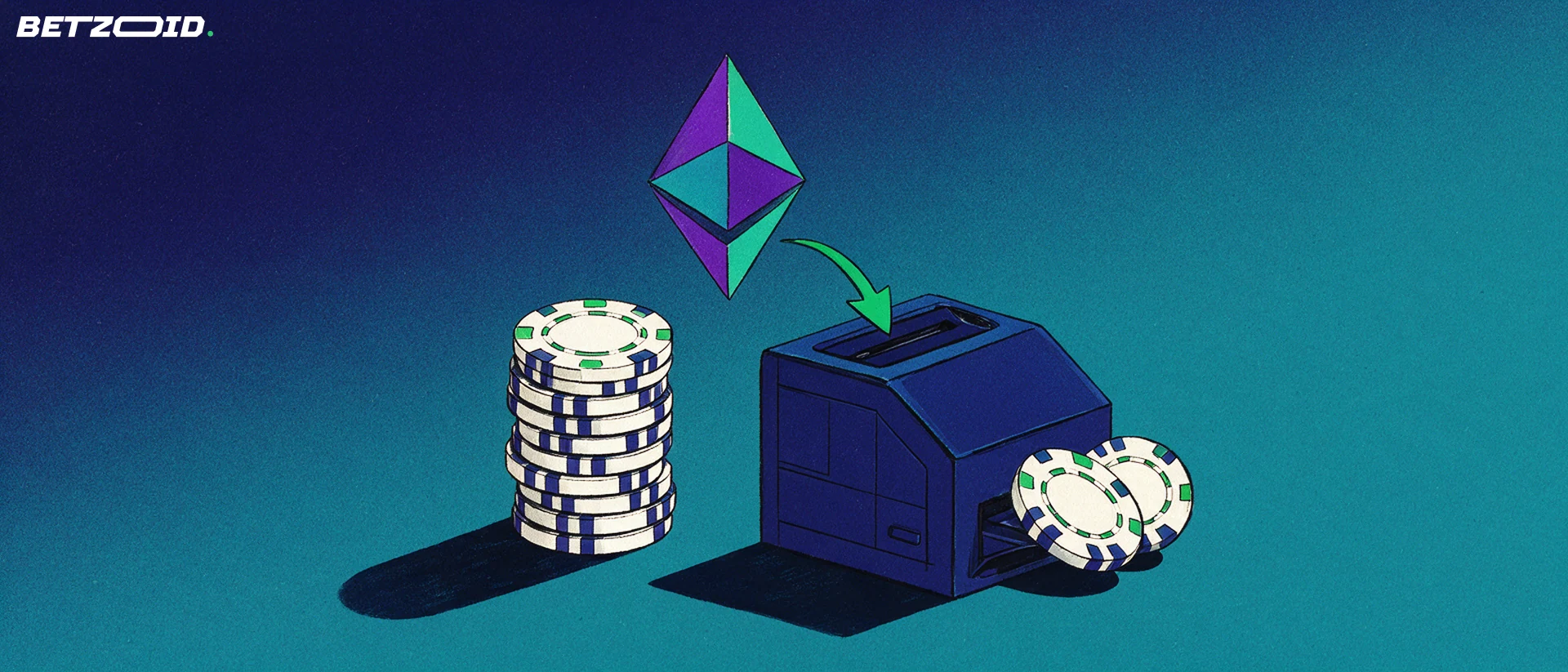 Illustratie van een facetkristal in de vorm van een octaëder dat via een pijl in een kassabox naast een stapel casinofiches gaat.