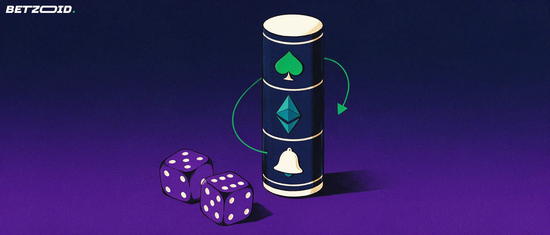Illustratie van een slotmachinerol met een spade, een bel en een facetkristal als symbool, met twee dobbelstenen ervoor.