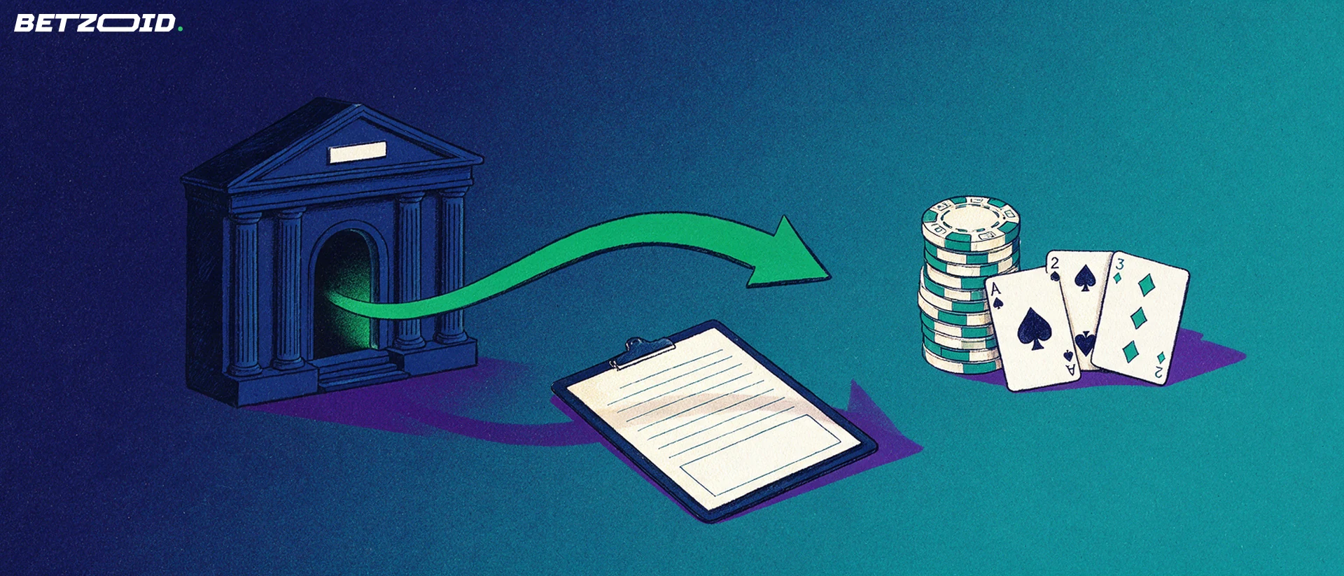 Illustratie van een bankgebouw met een groene pijl die langs een leeg registratieformulier naar pokerfiches en speelkaarten wijst.