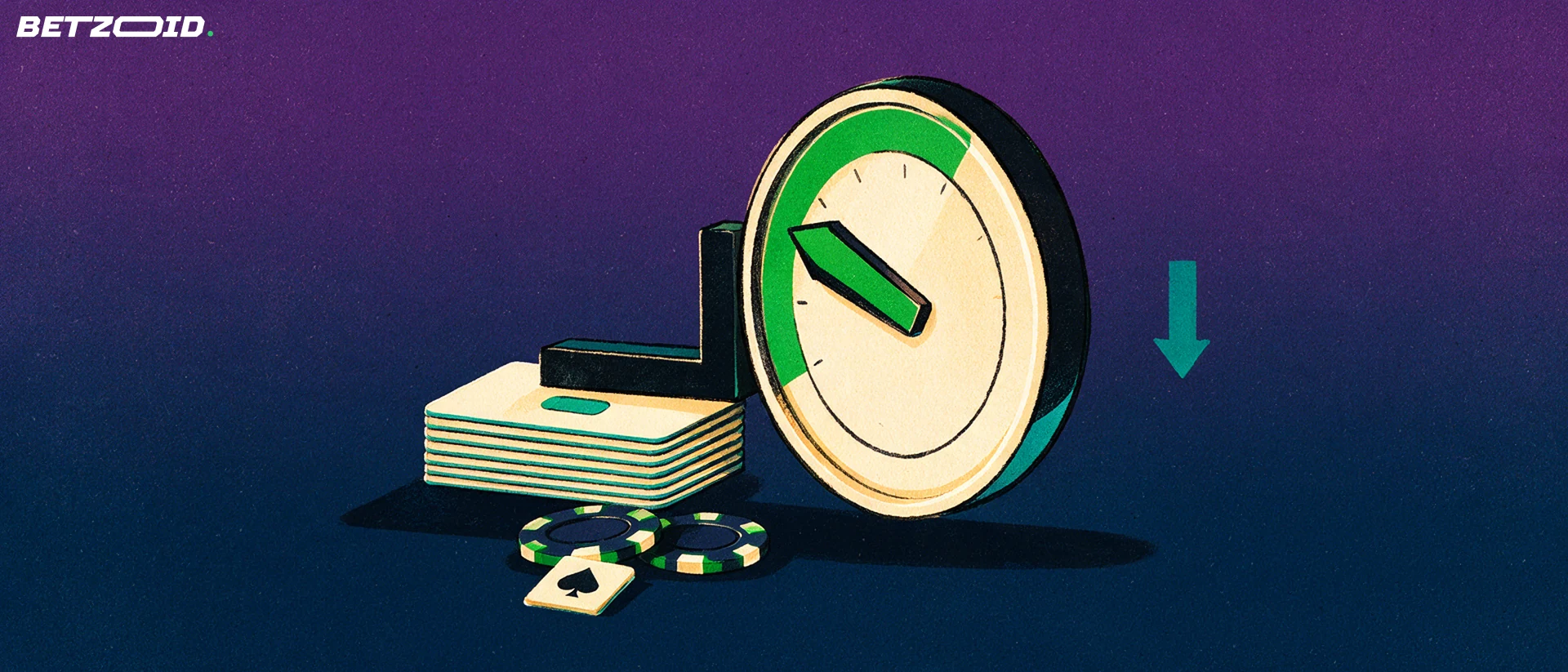 Illustratie van een draaiknop met begrenzer die op een stapel prepaidkaarten drukt, met casinofiches eronder als beeld voor stortlimieten.