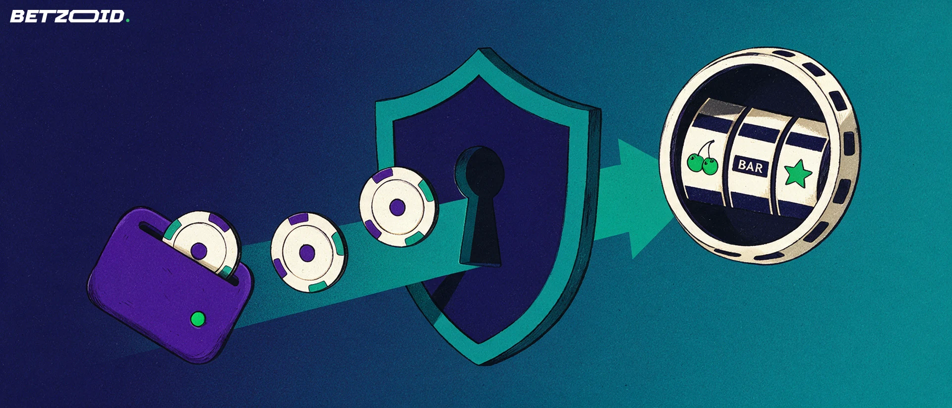 Illustratie waarin casinofiches vanaf een slotrol via een pijl door een schild met sleutelgat naar een digitale portemonnee gaan.