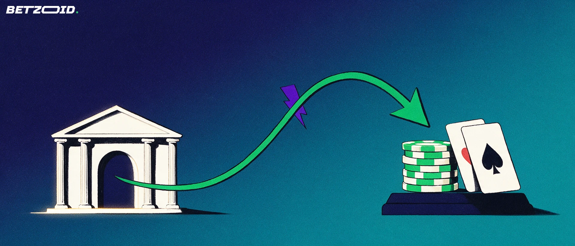 Illustratie van een bankgebouw waarvan een groene pijl rechtstreeks naar een stapel casinofiches en speelkaarten wijst.