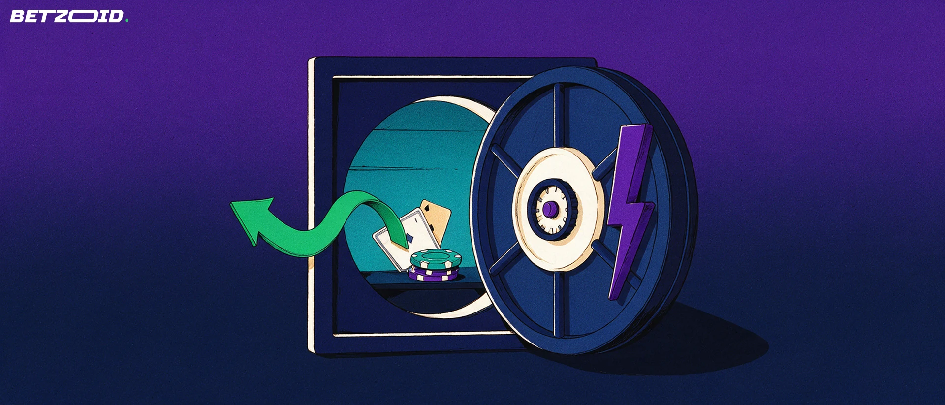 Illustratie van een half geopende bankkluisdeur met casinofiches en speelkaarten erin en een groene pijl die naar buiten stroomt.