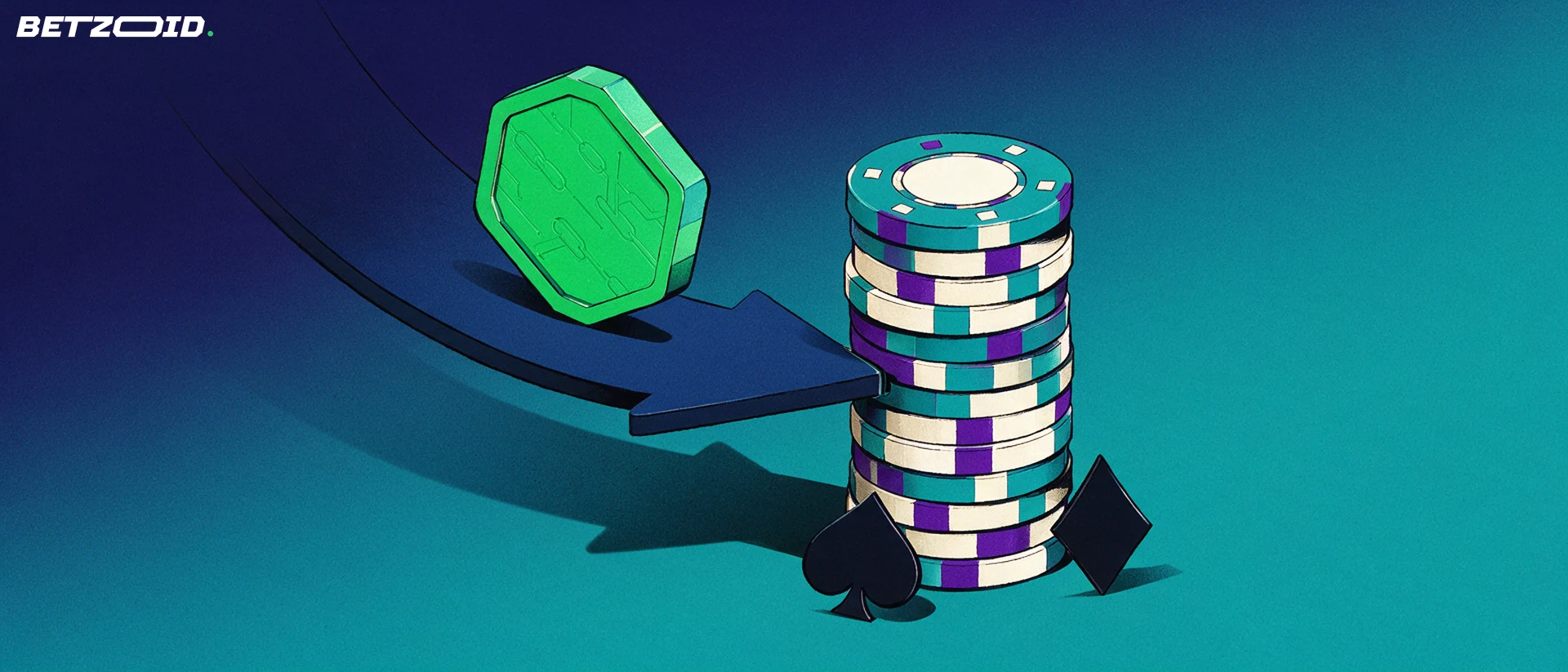 Illustratie van een zeshoekige digitale munt die via een gebogen pijl in een stapel casinofiches rolt, met kaartsymbolen ernaast.