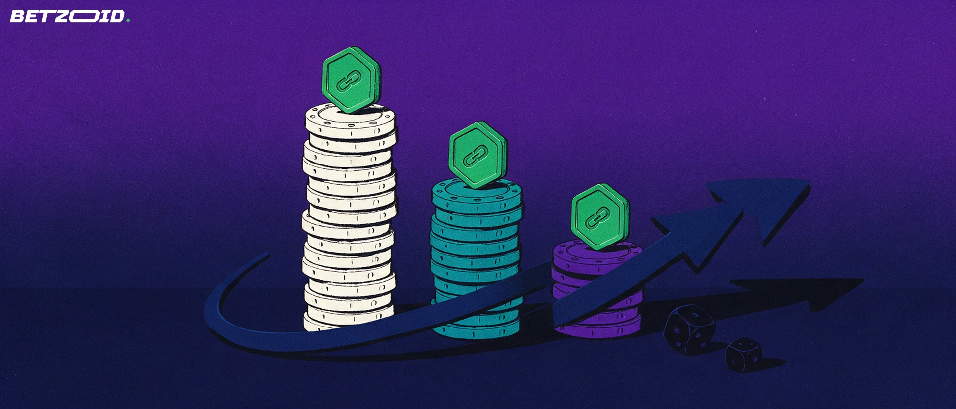Illustratie van drie verschillend hoge stapels casinofiches met bovenop digitale munten en een opwaartse pijl als rangschikking.