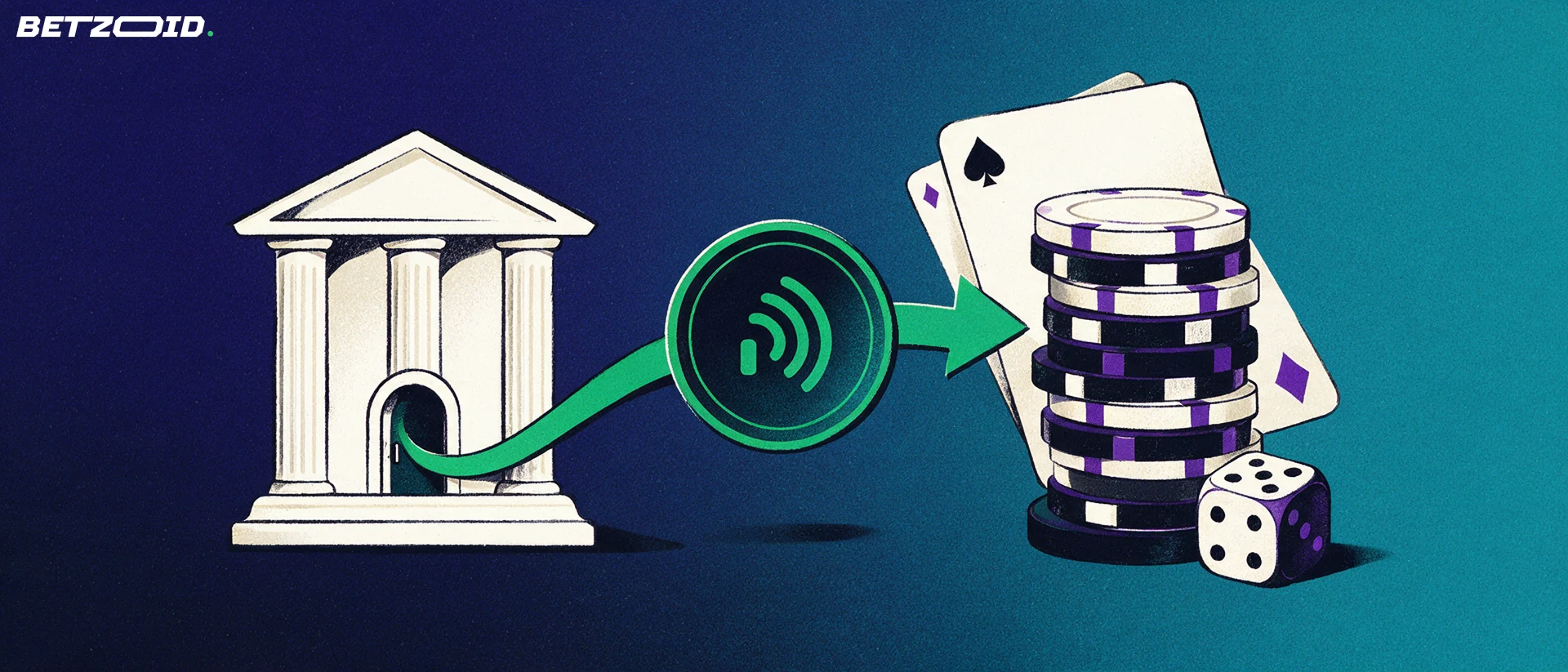 Illustratie van een bankgebouw met een groene pijl die via een mobiel betaalsymbool naar een stapel casinofiches met speelkaart en dobbelsteen loopt.