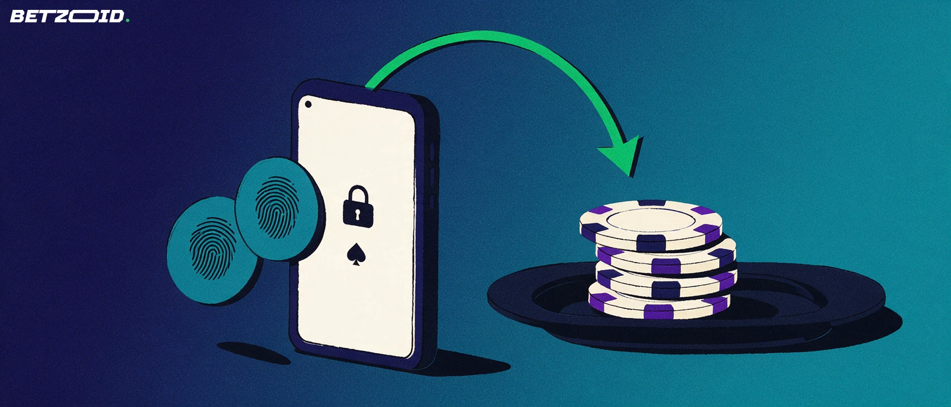 Illustrasjon av en mobiltelefon med hengelås og kortsymbol som sender en grønn pil ned i en stabel casinosjetonger.