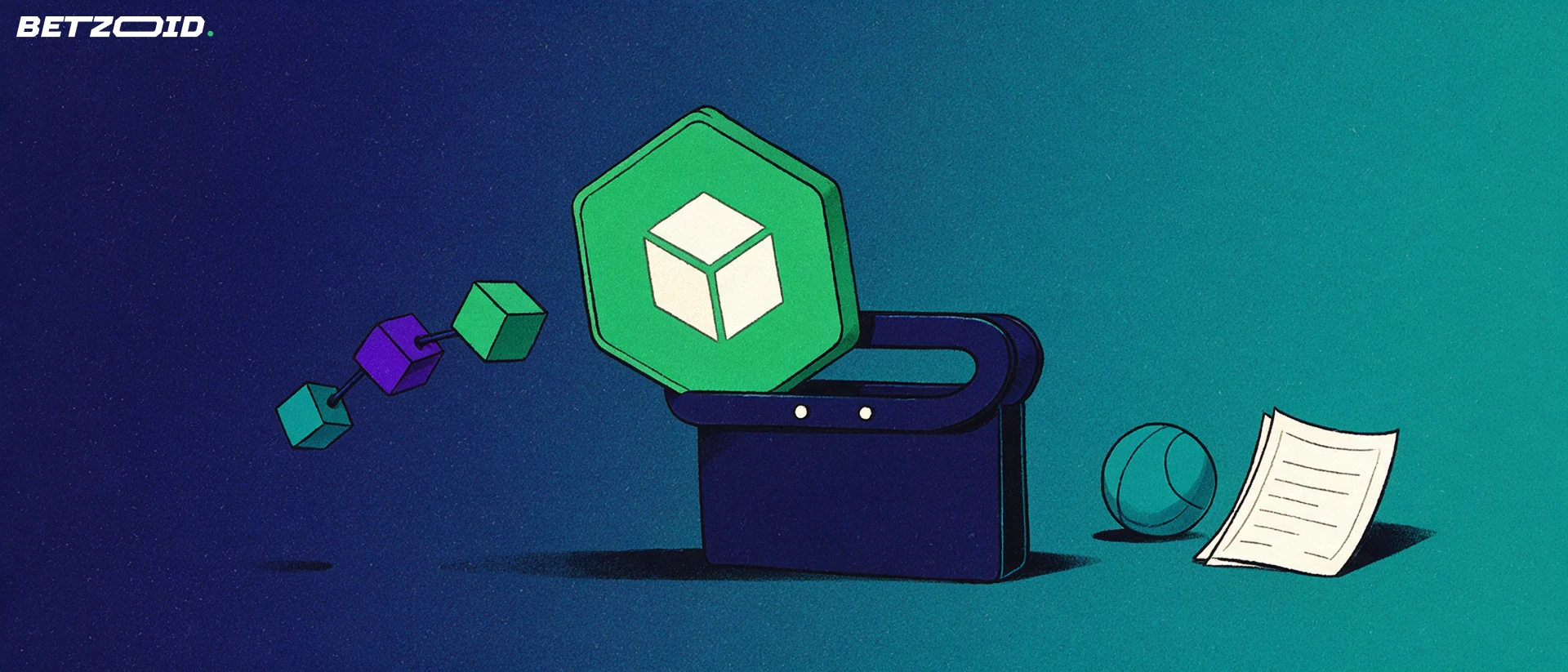 Illustration of a large crypto token coin sliding into a betting wallet with linked blockchain cubes and a small ball beside it