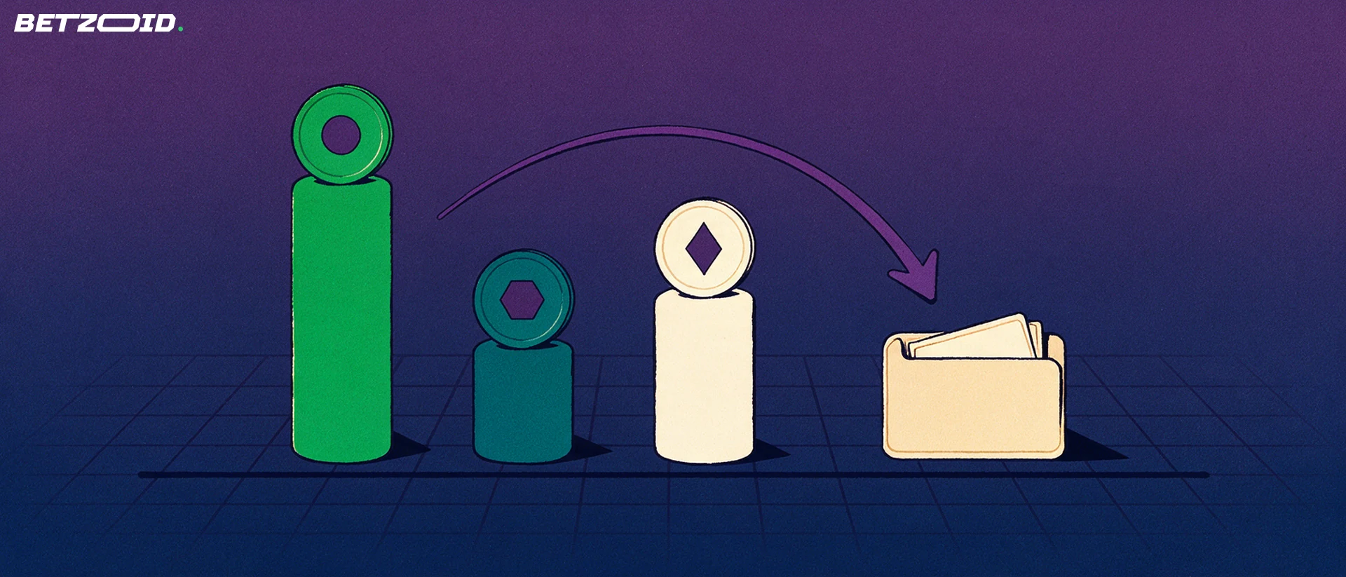 Illustration of three ranked pillars topped with different crypto coin symbols and an arrow leading into a betting slip tray