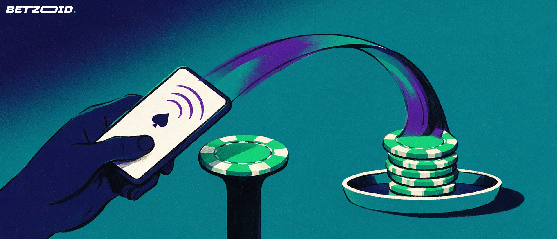 Illustration of a hand tapping a smartphone against a contactless reader shaped like a casino chip, with payment waves curving into a stack of chips.