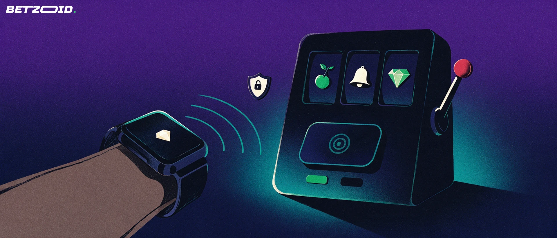 Illustration of a smartwatch on a wrist tapping the contactless pad of a slot machine showing cherry, bell and diamond reel symbols, with a small padlock shield between them.