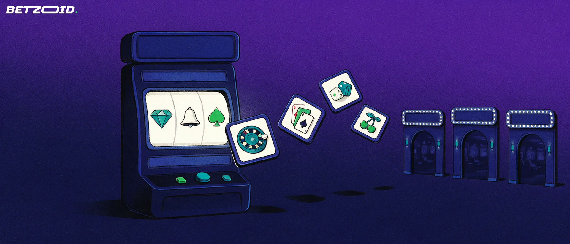 Illustration of a slot-reel cabinet sending game symbol tiles toward three small arched casino entrances.