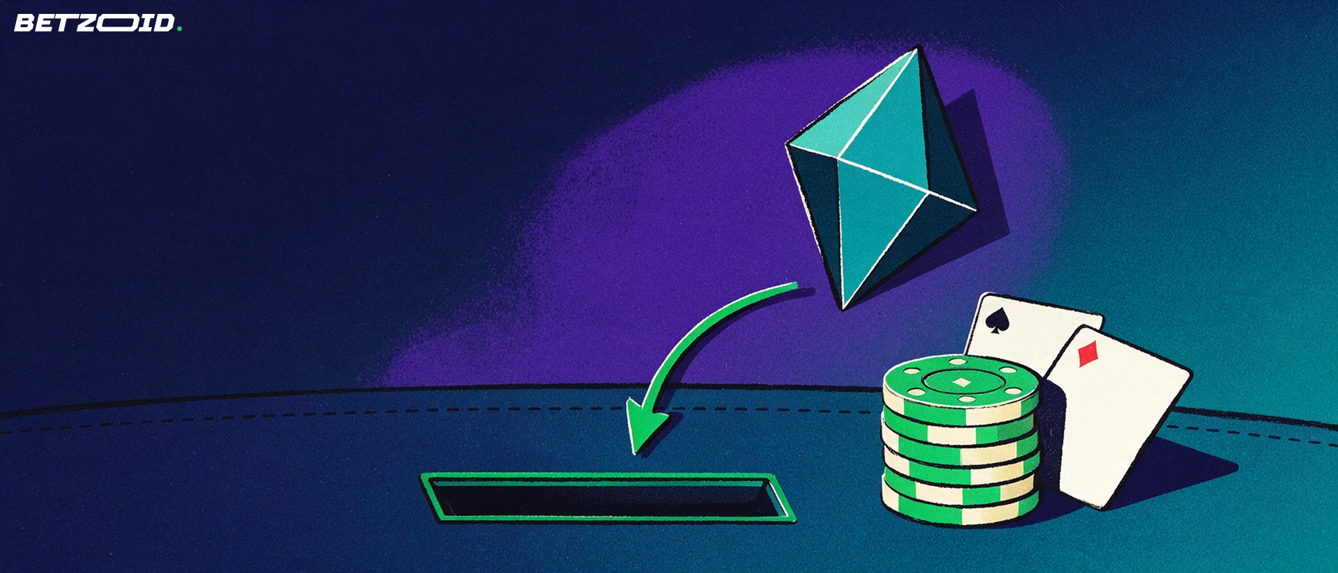 Illustration of a faceted crypto token entering a casino table slot with an arrow, beside a stack of chips and two playing cards.
