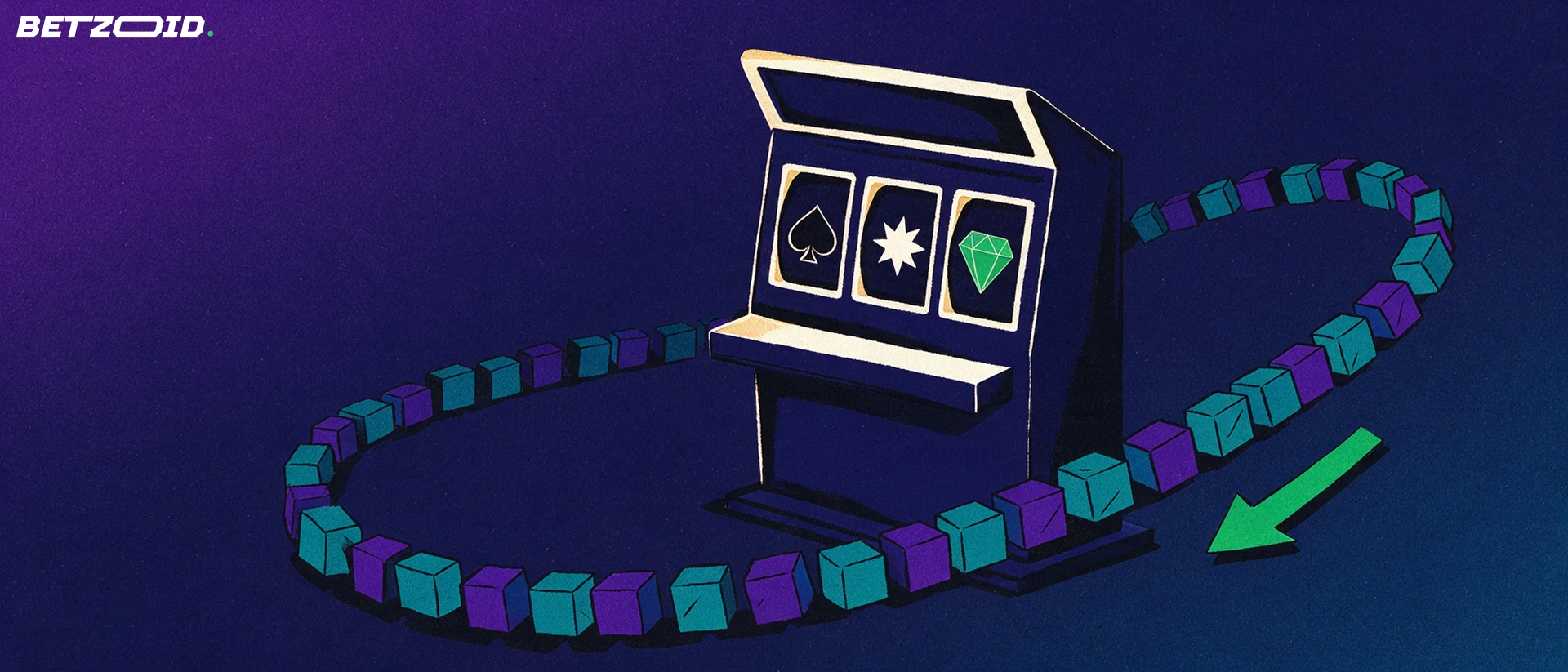 Illustration of a slot machine whose reels include a crypto diamond symbol, with a chain of blocks flowing out and an arrow pointing away.