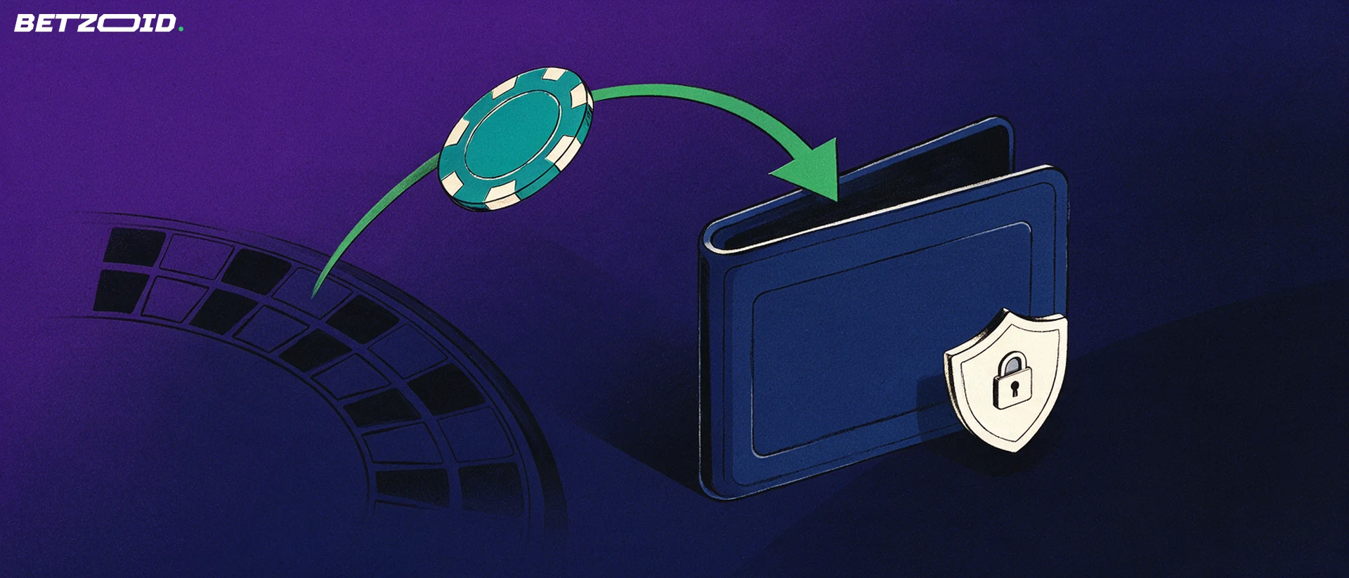 Illustration of a casino chip moving along an arrow from a roulette table edge into a card-shaped digital wallet with a padlock badge