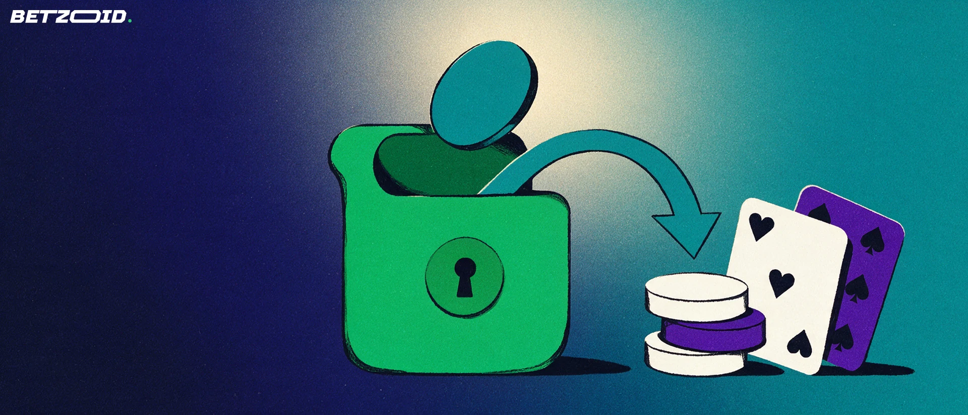 Illustration of a green digital wallet sending a token along a curved arrow into a stack of casino chips and playing cards.