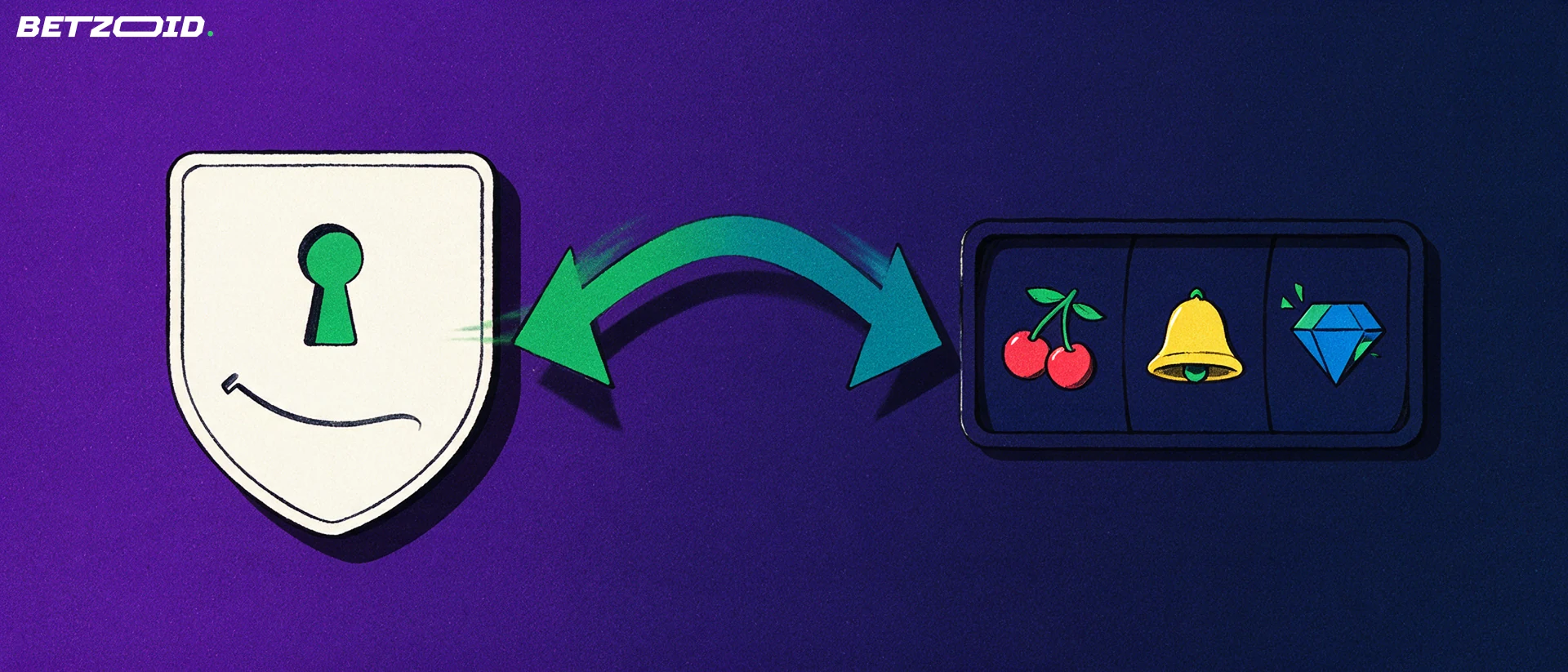 Illustration of a wallet card and a slot reel window connected by a double-headed arrow showing deposits and withdrawals.