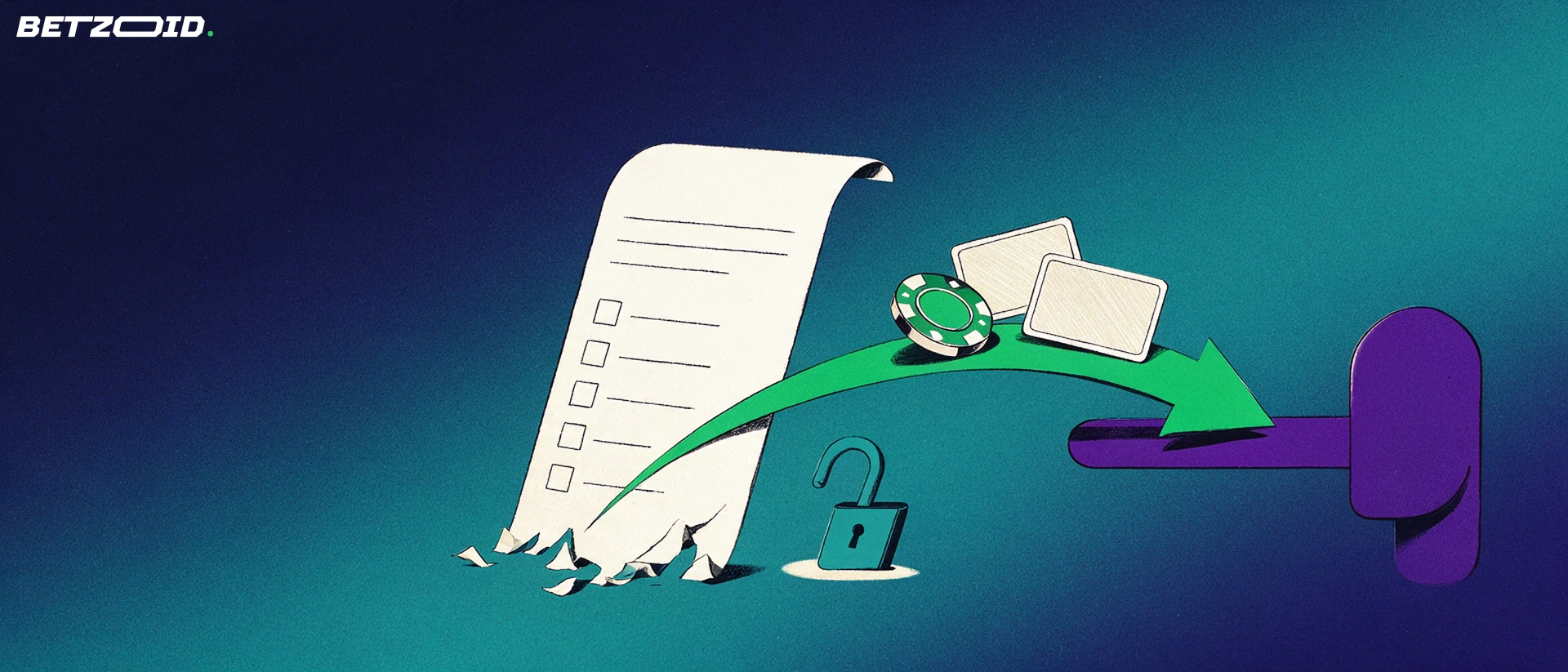 Illustration of a blank sign-up form unravelling into a green arrow that carries a casino chip and two playing cards toward a card table, with an opened padlock set aside.