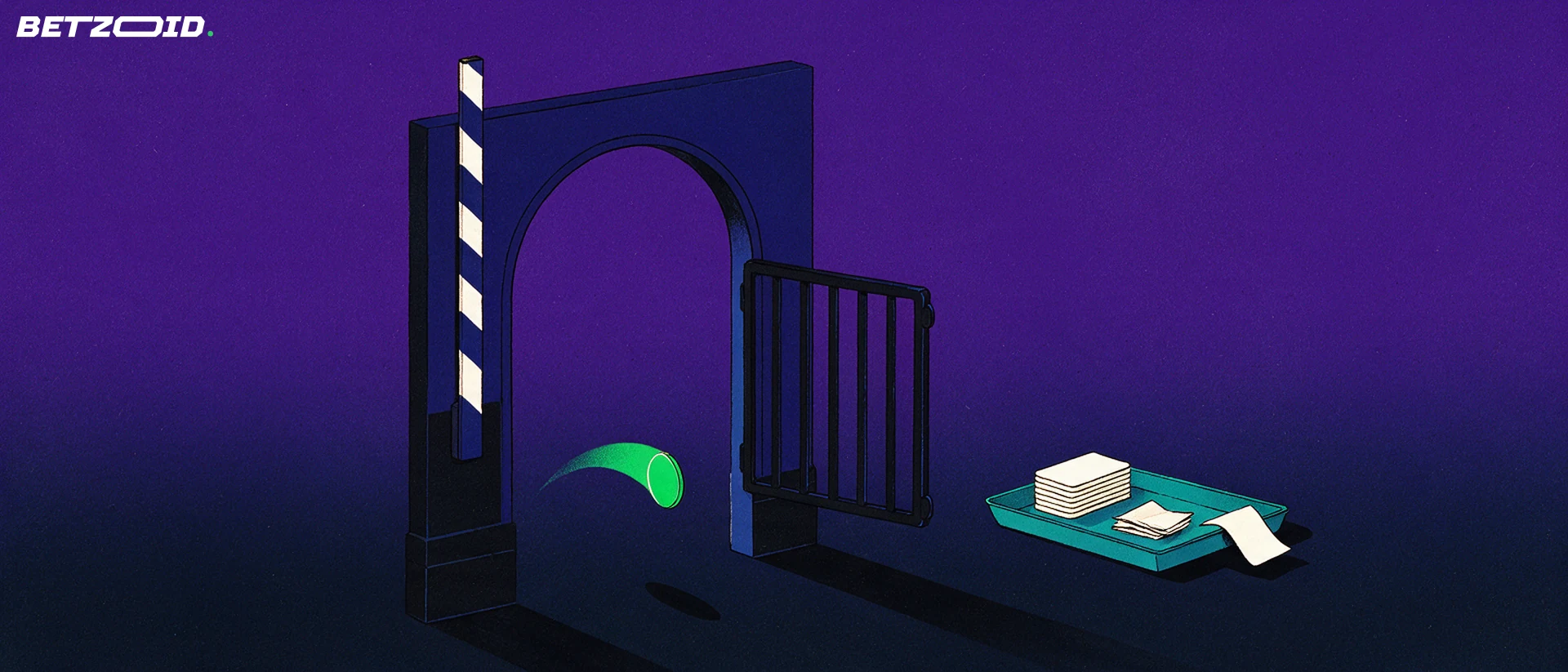 Illustration of an open entrance gate with a raised barrier as a casino chip rolls through, while a tray of unused blank identity cards and forms sits aside.