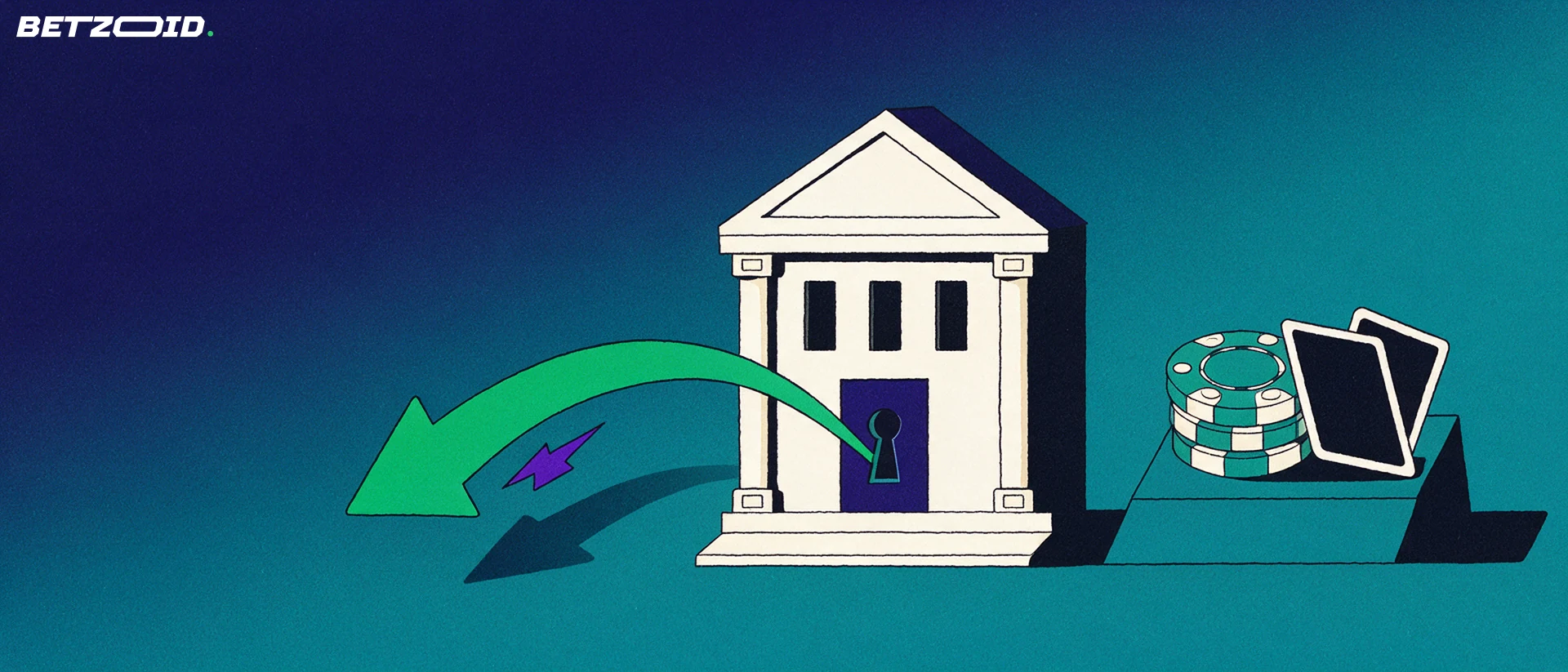 Illustration of a bank building with a keyhole door sending a green arrow into a stack of casino chips and playing cards.