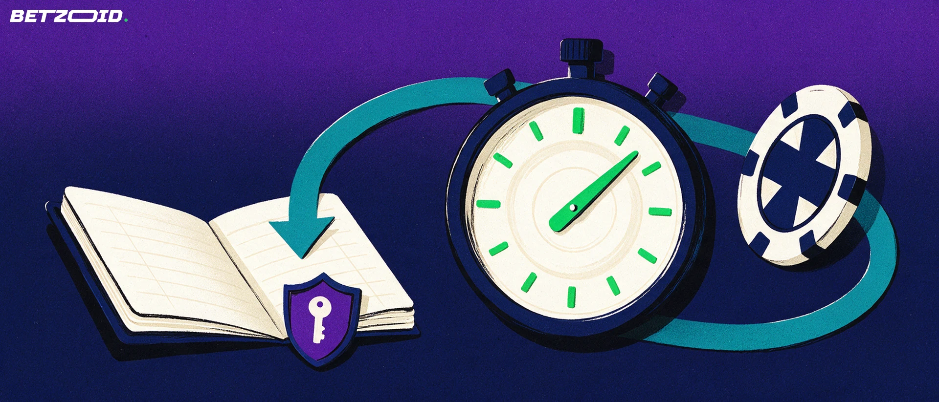 Illustration of a stopwatch with a teal arrow carrying a casino chip back into a bank passbook beside a shield and key.