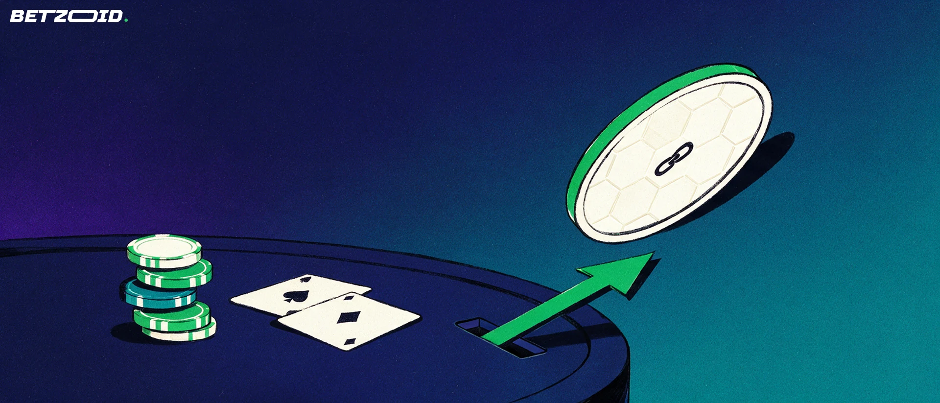 Illustration of a large digital token sliding along an arrow into a payment slot in a casino card table with chips and cards.