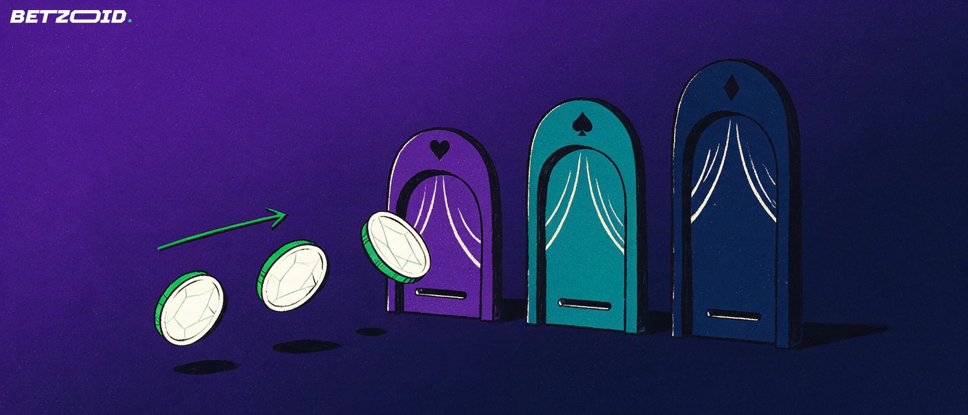 Illustration of three casino entrance arches with coin slots while identical crypto tokens queue to enter one of them.