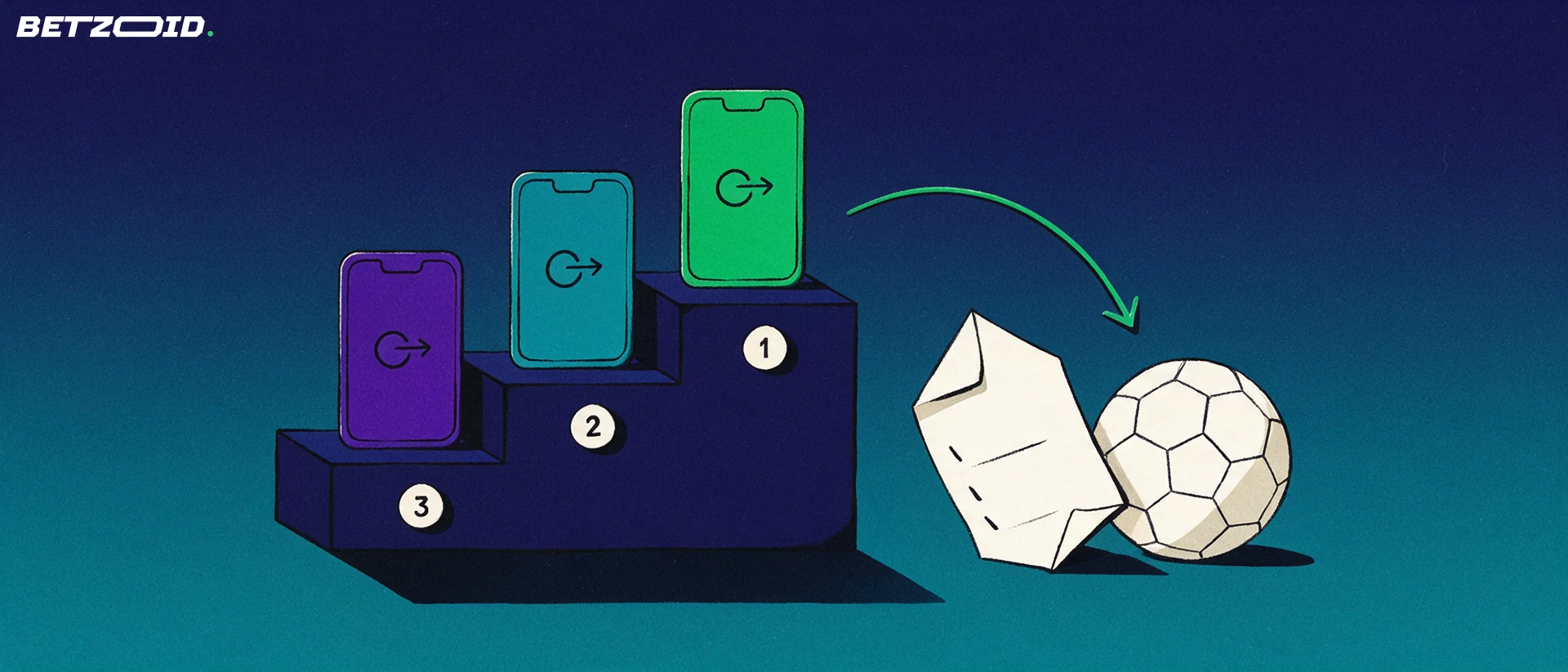 Ilustración de un podio con tres tarjetas de monedero móvil numeradas y una flecha que conecta con un cupón de apuestas y un balón.