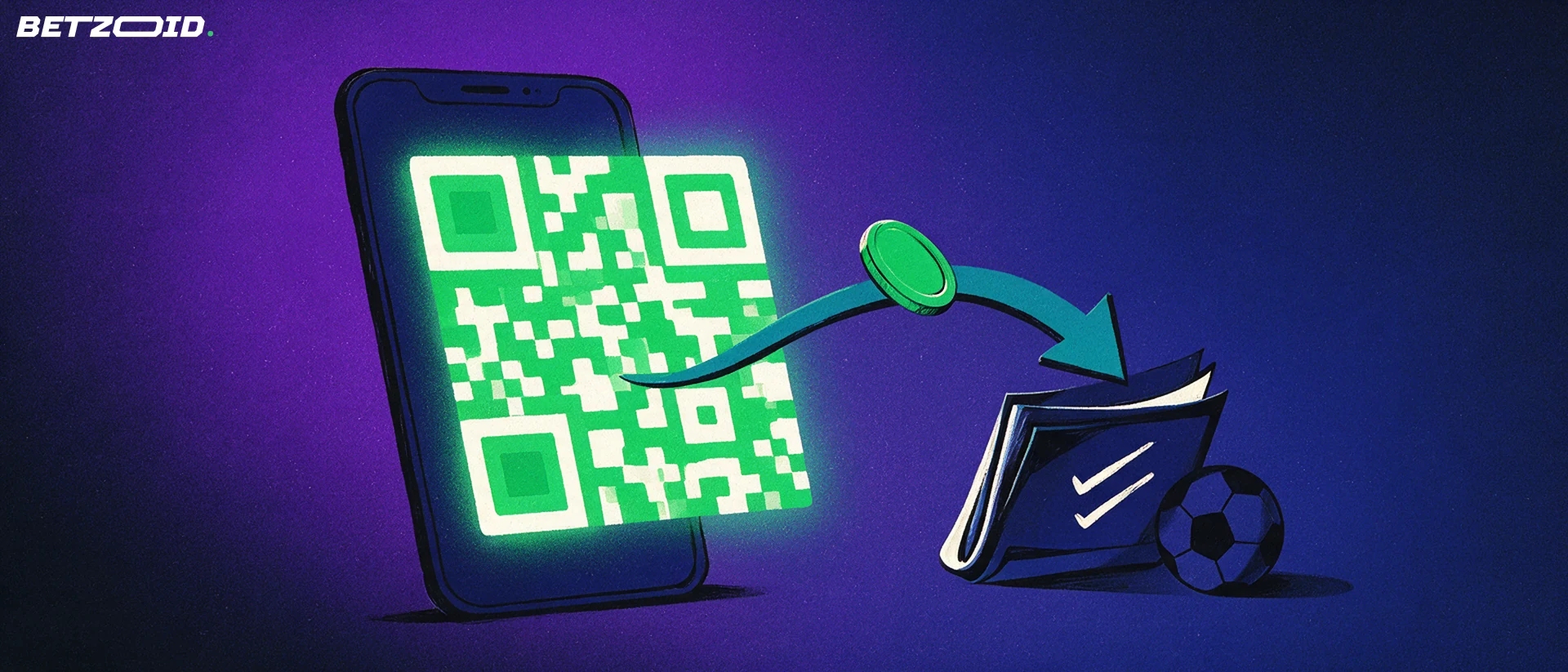 Ilustración de un código QR en un teléfono que envía una moneda por una flecha hacia un cupón de apuestas junto a un balón.