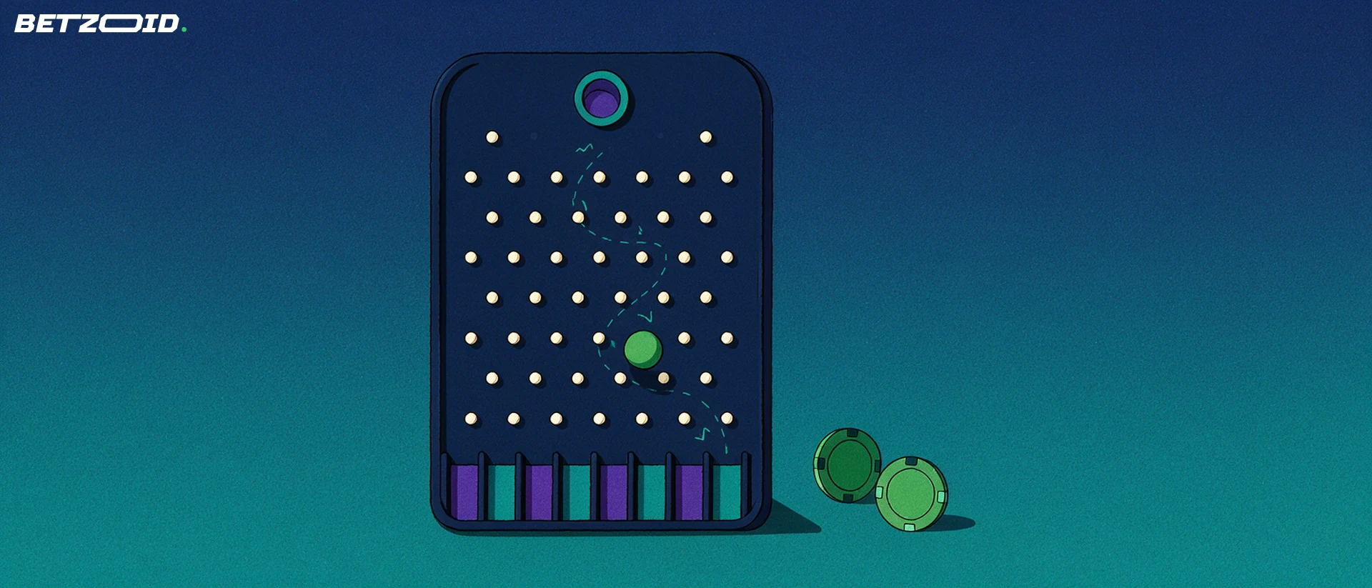 Ilustracja planszy Plinko z siatką kołków i zieloną kulką spadającą po przerywanym torze do kolorowych przegródek.