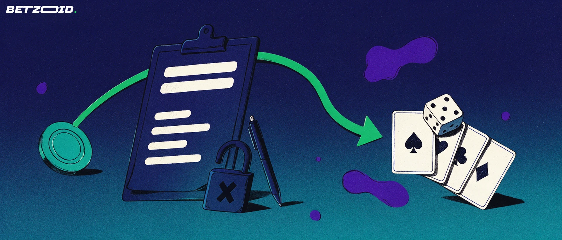 Ilustracja: zielona strzałka z monetą omija odłożony formularz rejestracyjny z kłódką i trafia w wachlarz kart do gry z kostką.