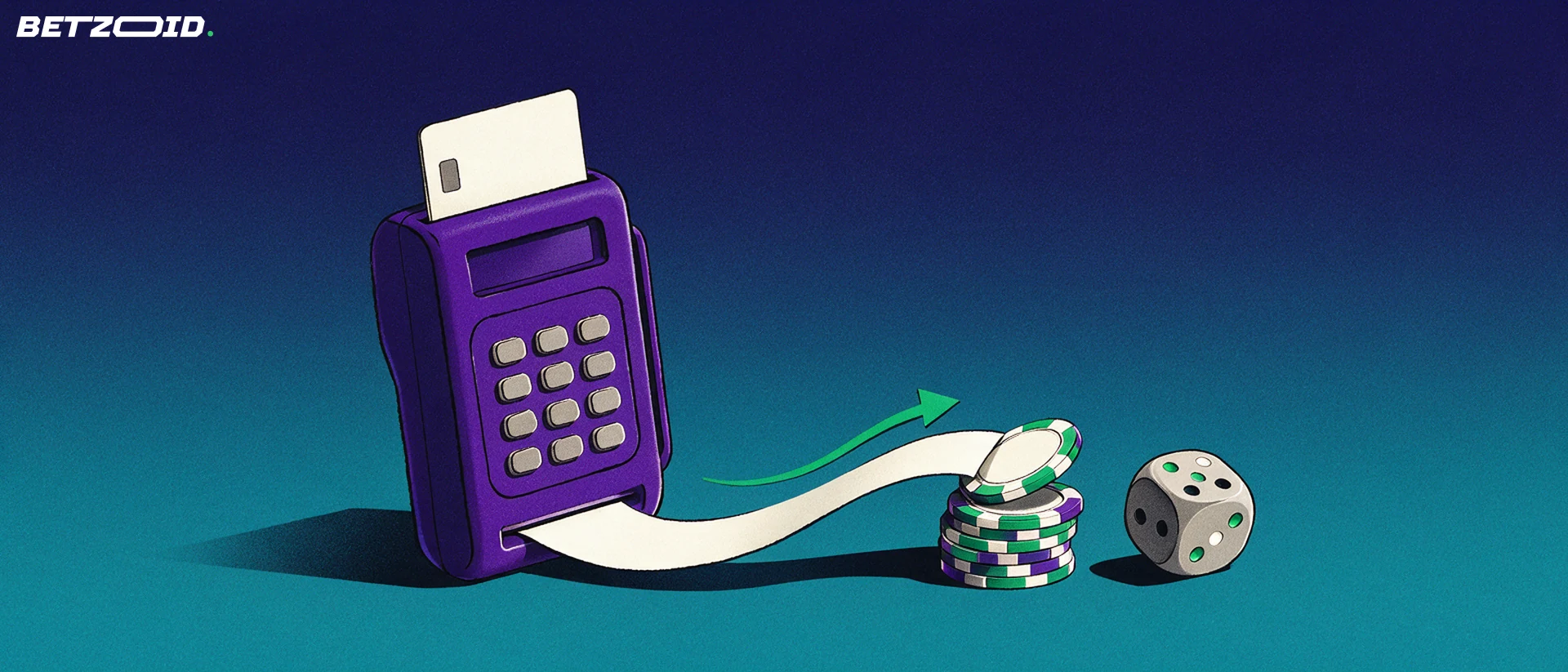 Ilustração de um terminal de pagamento com cartão bancário inserido, cujo recibo se transforma numa pilha de fichas de casino e um dado.