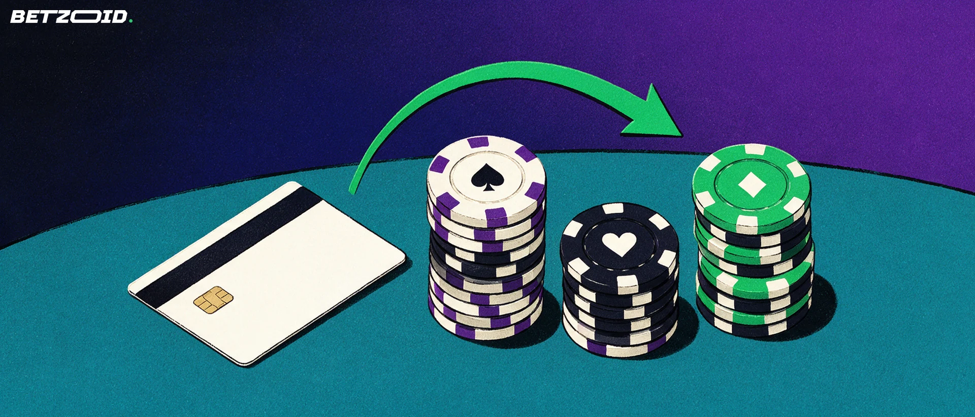 Ilustração vista de cima com três pilhas de fichas de casino de alturas diferentes e um cartão bancário simples com uma seta a apontar para as pilhas.