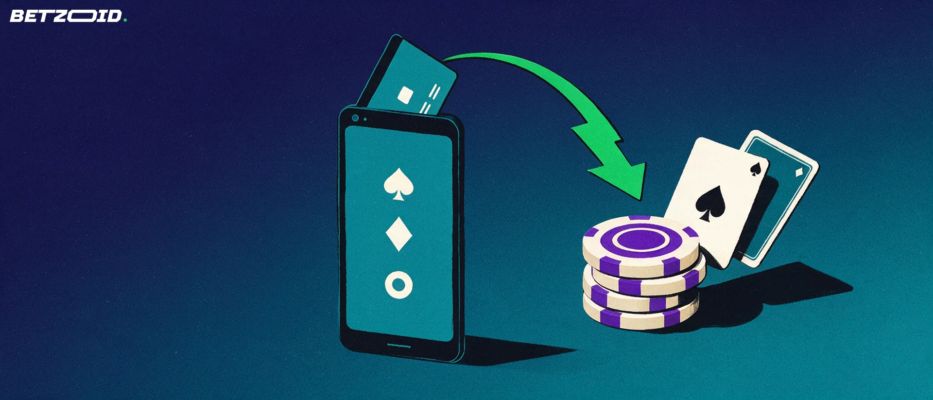 Ilustrație cu un telefon din care iese un card de plată, legat printr-o săgeată de un stivă de jetoane și două cărți de joc.