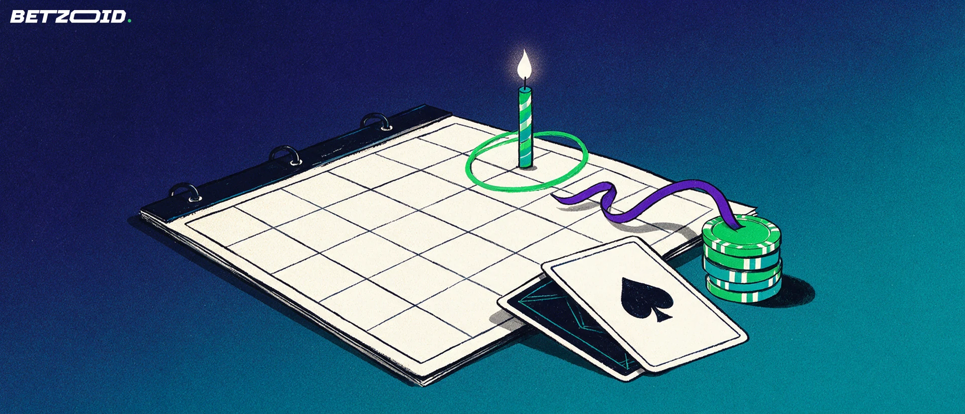 Ilustrație cu o pagină de calendar cu o zi încercuită, o lumânare aprinsă pe acea dată, cărți de joc și jetoane de cazinou alăturate.