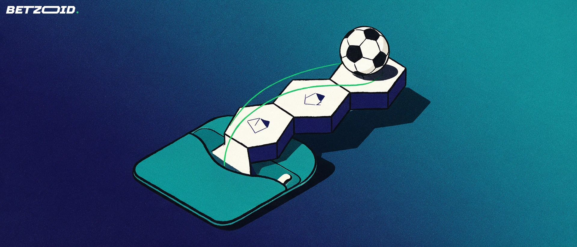 Illustration av en digital plånbok där en kedja av hexagonala block reser sig och bär upp en fotboll.