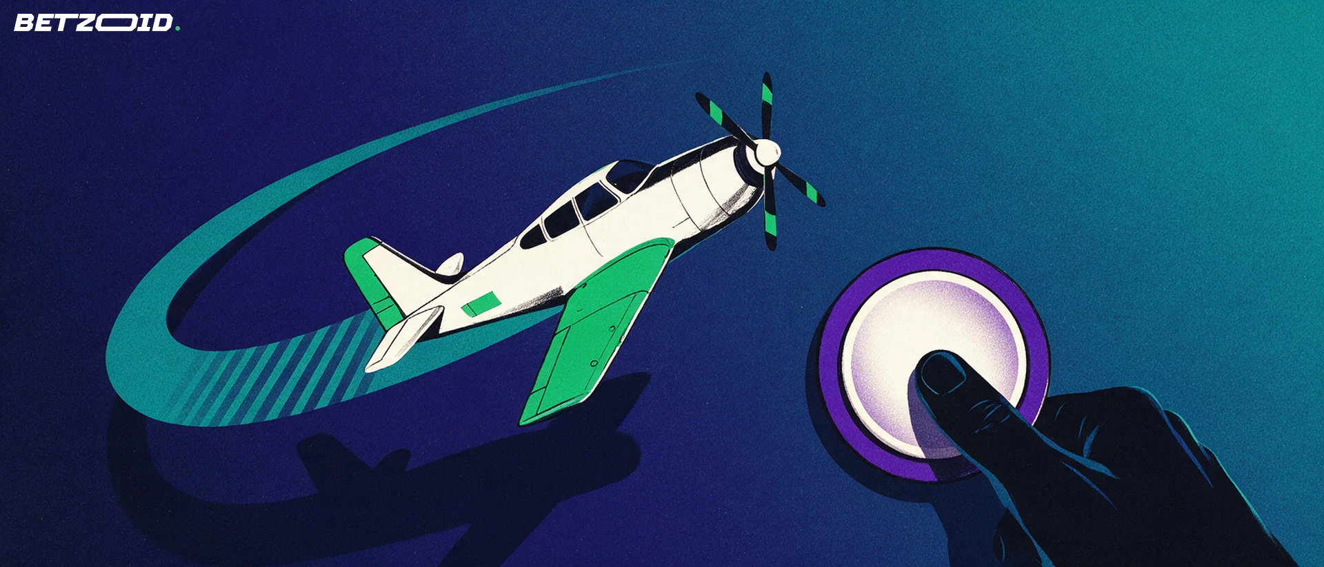 Illustration av ett litet flygplan som stiger längs en kurva medan en hand trycker på en rund uttagsknapp.
