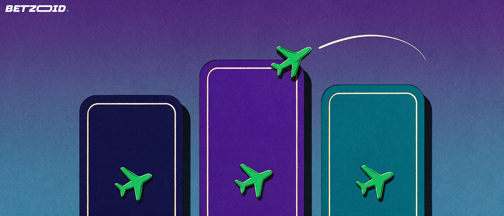 Illustration av tre olika höga spelpaneler med samma flygplansymbol, där ett litet plan lyfter från den mittersta panelen.