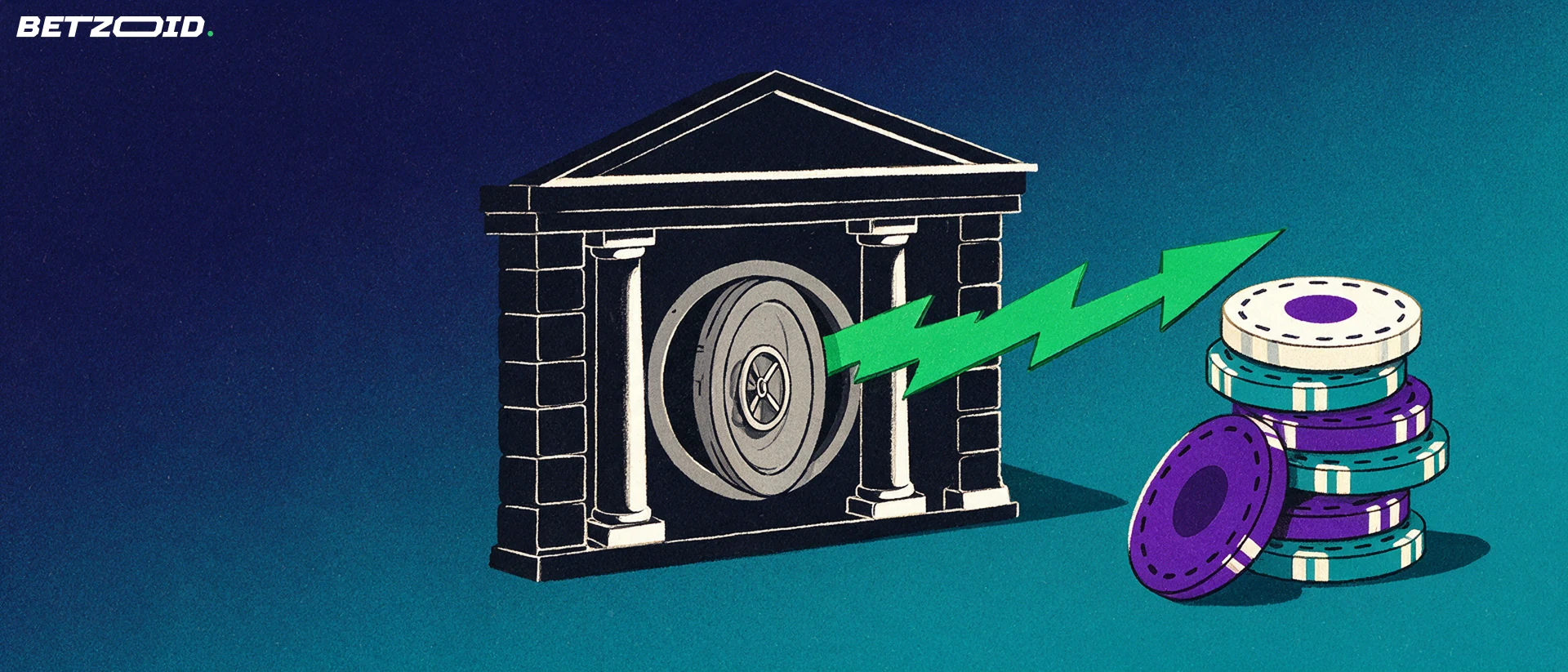 Illustration av en bankbyggnad med öppen valvdörr där en grön blixtpil leder till en stapel casinomarker.