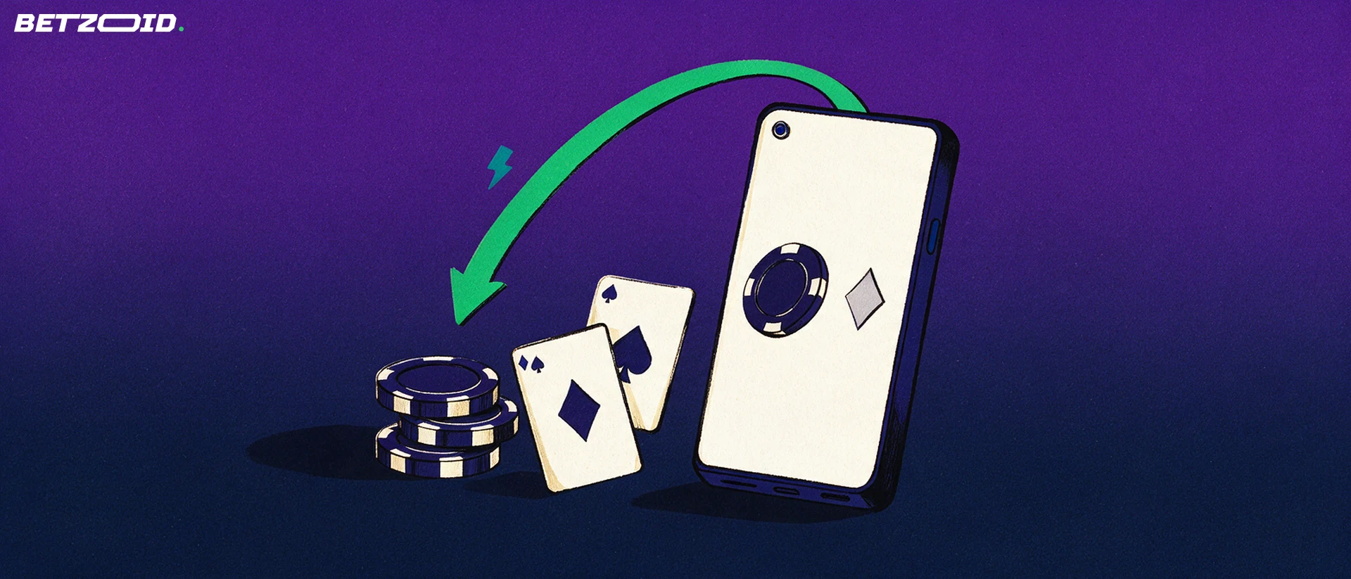 Illustration av en mobiltelefon med spelsymboler och en grön pil som för en betalning till en hög med casinomarker och spelkort.