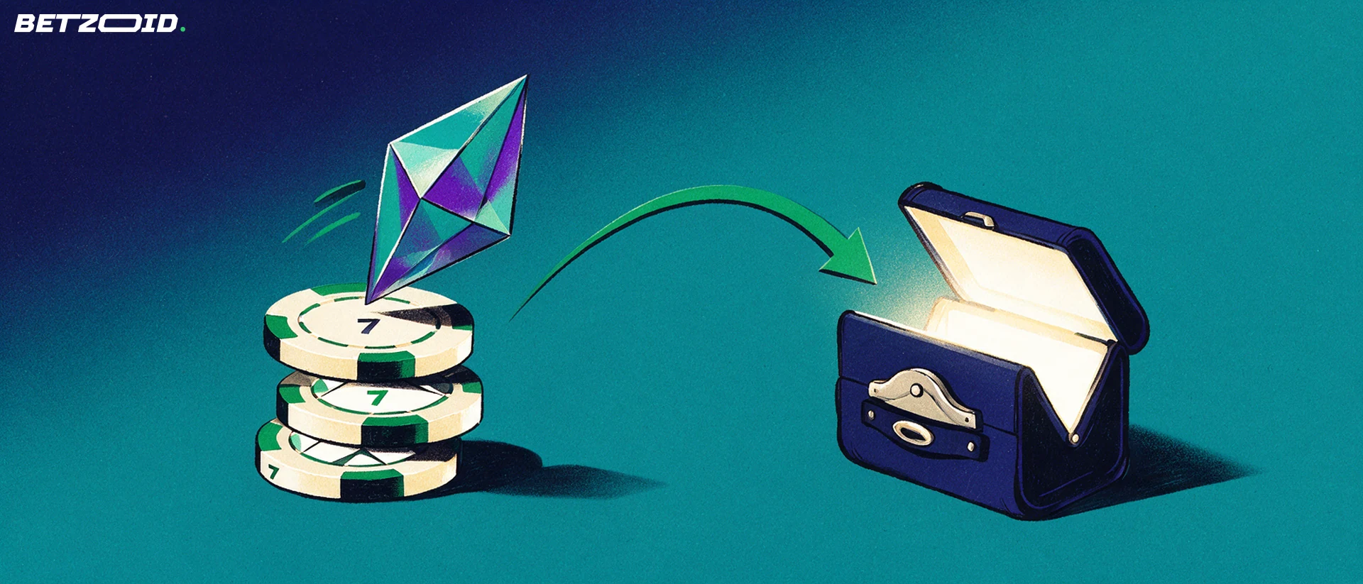 Illustration av ett kristallformat kryptomynt som lyfter från en stapel casinomarker och färdas längs en pil in i en öppen plånbokskassett.
