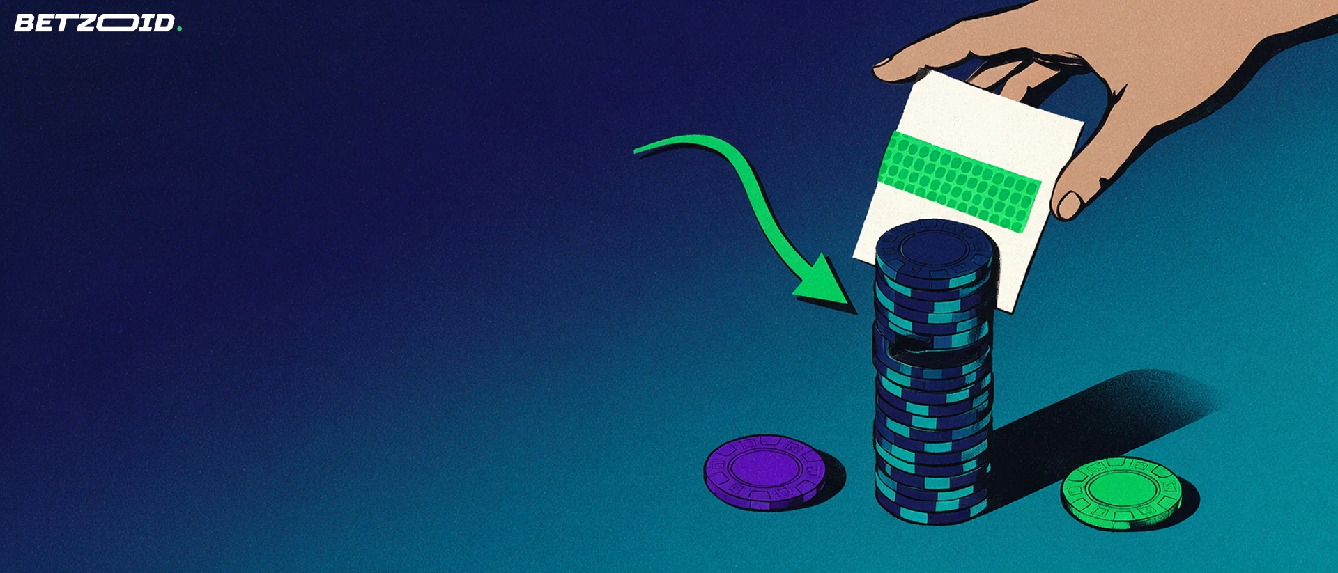 Illustration av en förbetald värdekupong med skraplist som förs in i en hög med casinomarker.