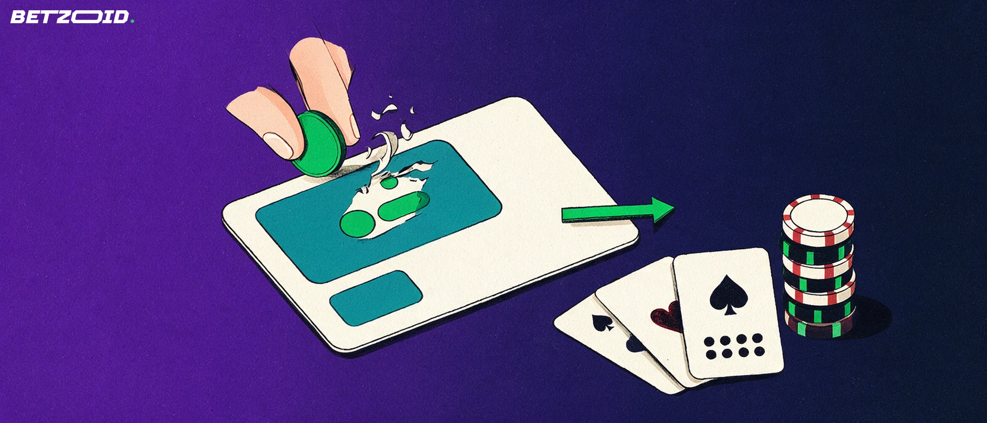 Illustration uppifrån där ett förbetalt kort skrapas med ett mynt bredvid spelkort och casinomarker.